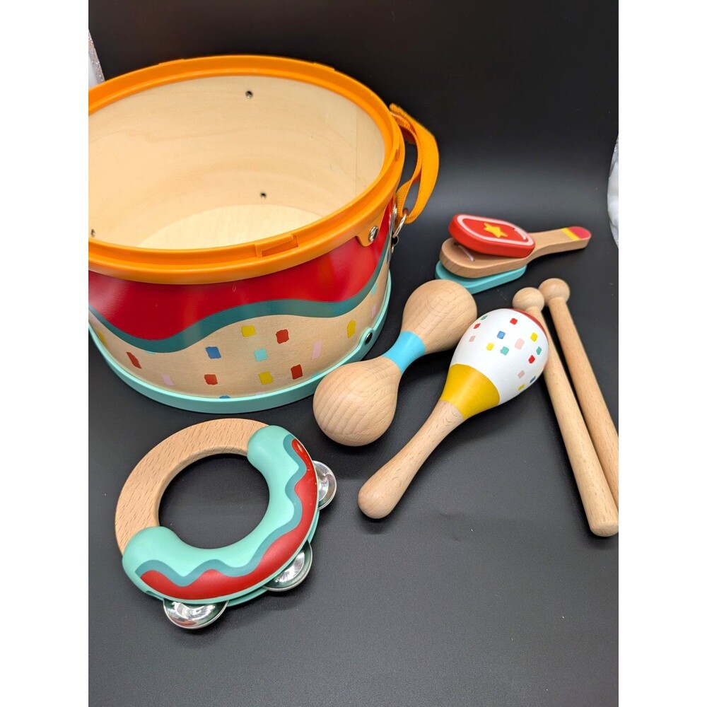 Giggle Scape Wooden Kids Drum w/ Strap Set Tambourine Maracas Rhythm Sticks